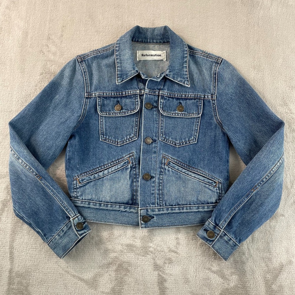 REFORMATION‎ Jean Jacket Women XS Blue Fade Chore Utility Designer USA Made $298